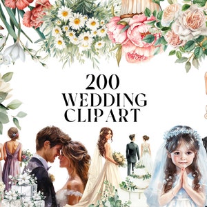 200 Wedding watercolor clip arts (Transparent background , Wedding Timeline png, Wedding Elements Icons, Junk Journal, bride, wedding flower