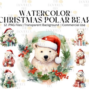 Christmas Polar Bear Clipart 12 High Quality PNGs, Digital Download, Commercial Use, Card Making, Digital Paper Craft, Merry Christmas Print