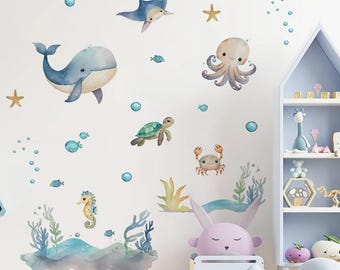 Children's Room Wall Sticker Cute Marine Animal Wall Stickers Whale Turtle Vinyl Decals Nursery Kids’ Room Boys Girls Bedroom Home Decor