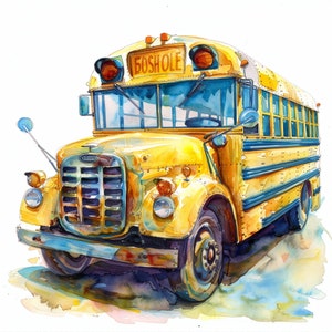 Watercolor Vintage School Bus Clipart, 12 High Quality PNGs | Retro Yellow Bus Printable Wall Art | Transportation Décor | Instant Download