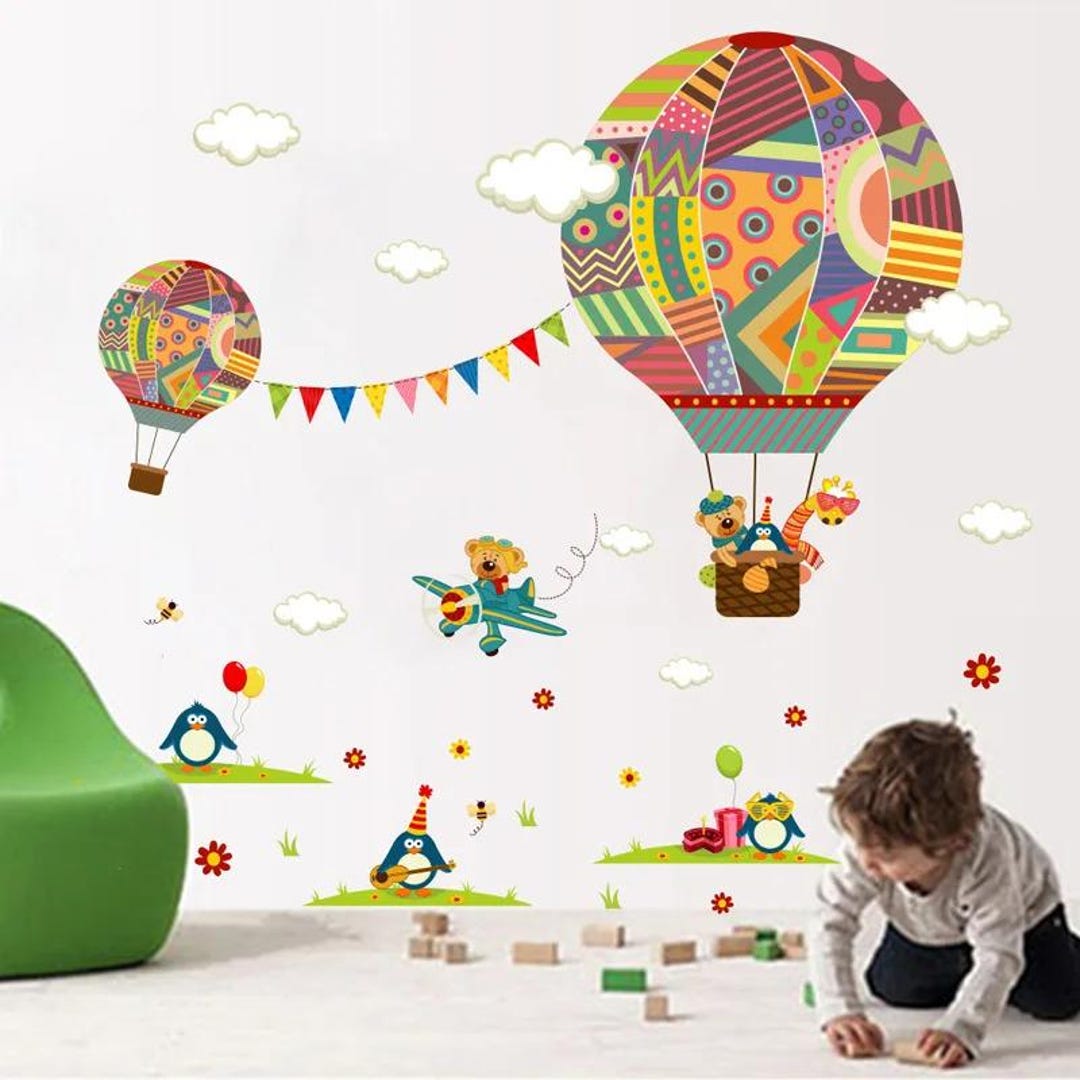 Cartoon Animal Hot Air Balloon Wall Stickers – Removable Nursery Kids ...
