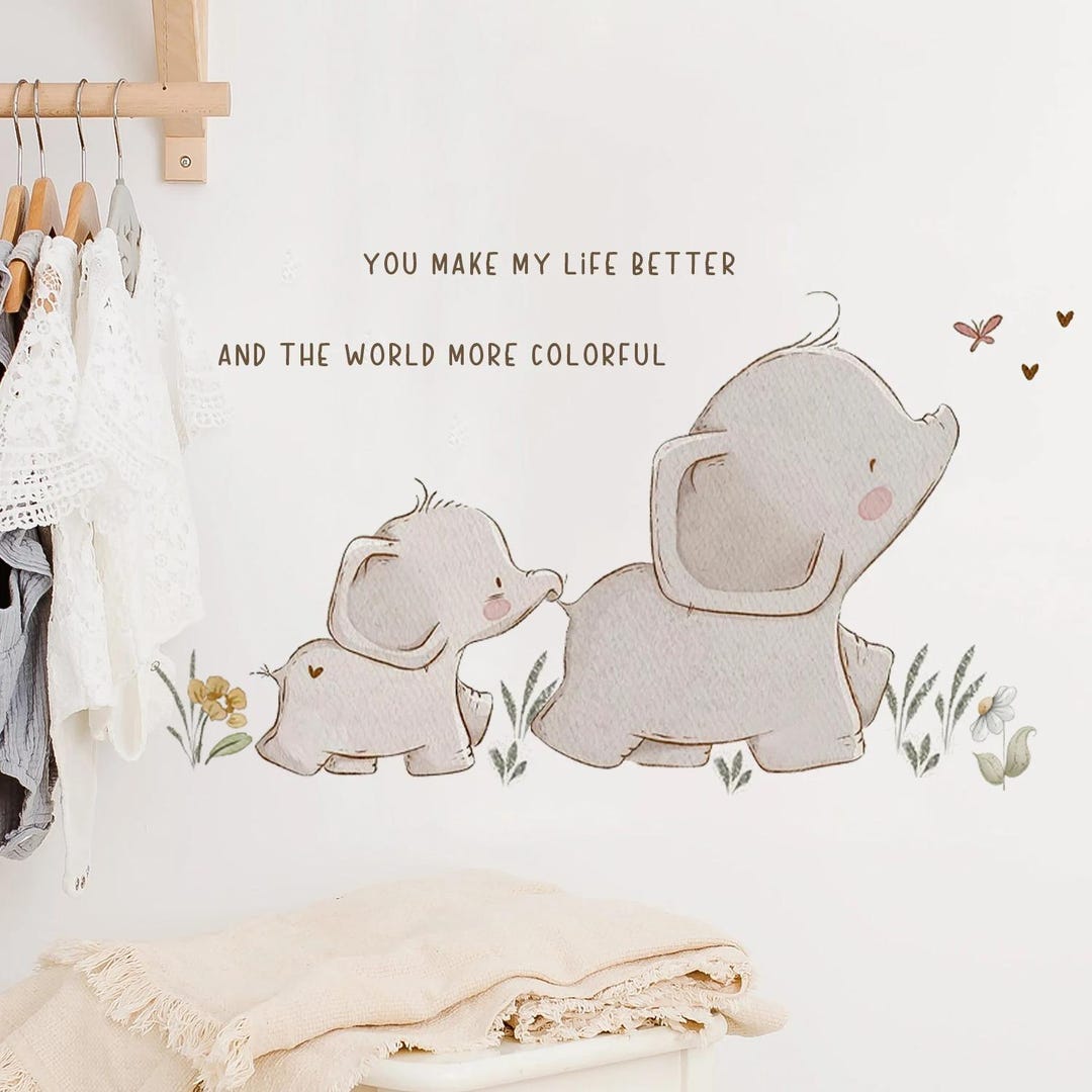 Cute Cartoon Baby Elephant & Butterflies Wall Decal – Removable Nursery ...