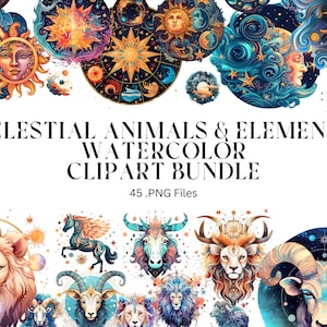 45 Celestial animals and elements watercolor clipart PNG bundle, commercial use, digital download, digital planner, Sublimation, Home décor