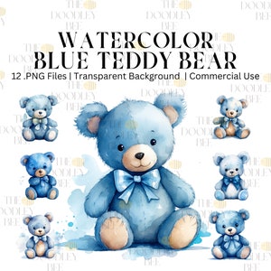Watercolor Blue Teddy Bear Clipart, 12 High Quality PNGs, Nursery Art, Digital Download, Card Making Cute Animal Clipart Digital Paper Craft