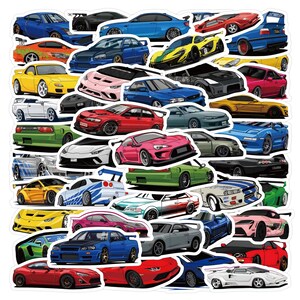 May include: A collection of colorful car stickers featuring various sports cars in different colors and designs. The stickers showcase a variety of car models, including coupes, sedans, and sports cars, in a sticker sheet.