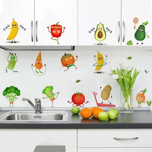 Funny Sports Fruits & Vegetables Wall Sticker – Educational Healthy Food Vinyl Decal for Kindergarten, Classroom, Kitchen Playroom