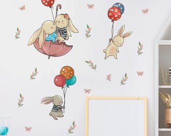 Cartoon Bunny with Balloons Wall Stickers – Removable Baby Nursery & Kids Room Decor Mural Decals for Bedroom Playroom Walls