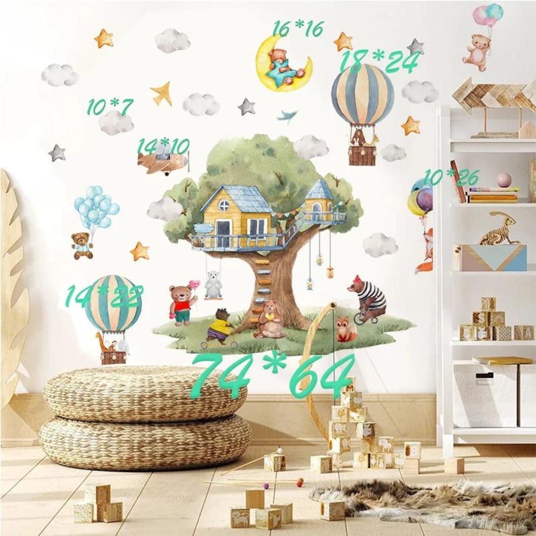 Cute Cartoon Animal Wall Stickers – Balloon, Tree & Star Kids Room ...