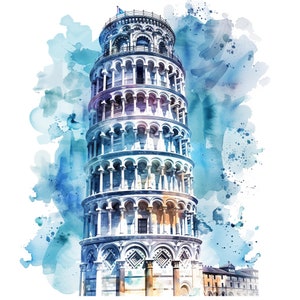 12 Clipart della Torre di Pisa, JPG di alta qualità, Arte dell'acquerello, Download digitale, Creazione di cartoline, Supporti misti, Mestiere con la carta digitale