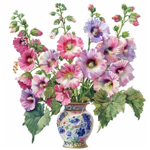 12 Vase Of Hollyhocks Clipart, High Quality JPGs, Botanical Art, Digital Download, Card Making, Journaling, Digital Paper Craft, Commercial