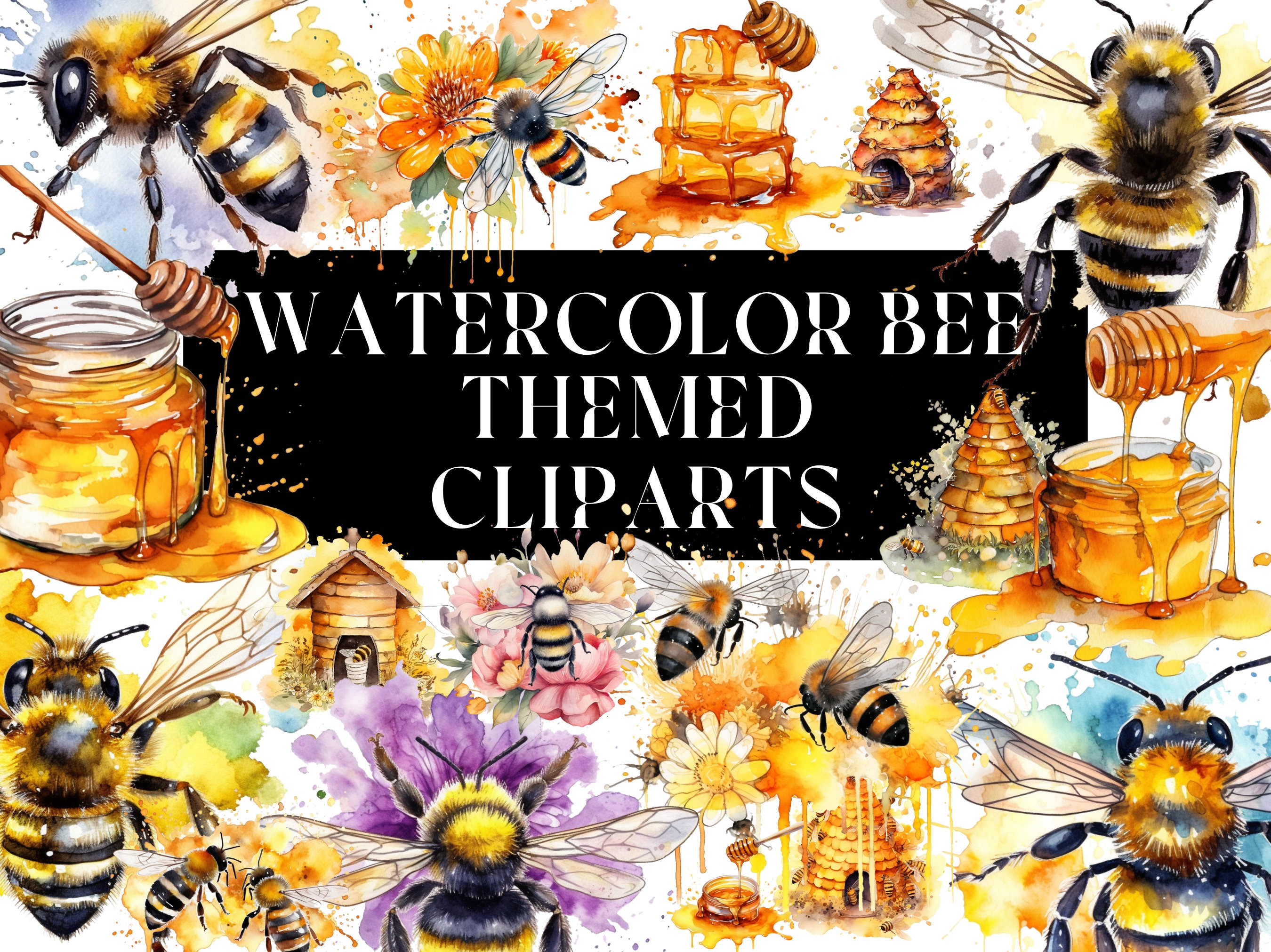 27 Watercolor bee themes clipart bundle for commercial use -instant download-printable-high resolution-PNG-Bees-Honey-Bee Hives-