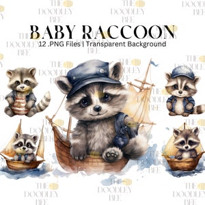 Watercolor racoon clipart, Cute baby animal clipart bundle, Woodland animals clipart, Digital download, Printable PNG, Baby racoon 12 png