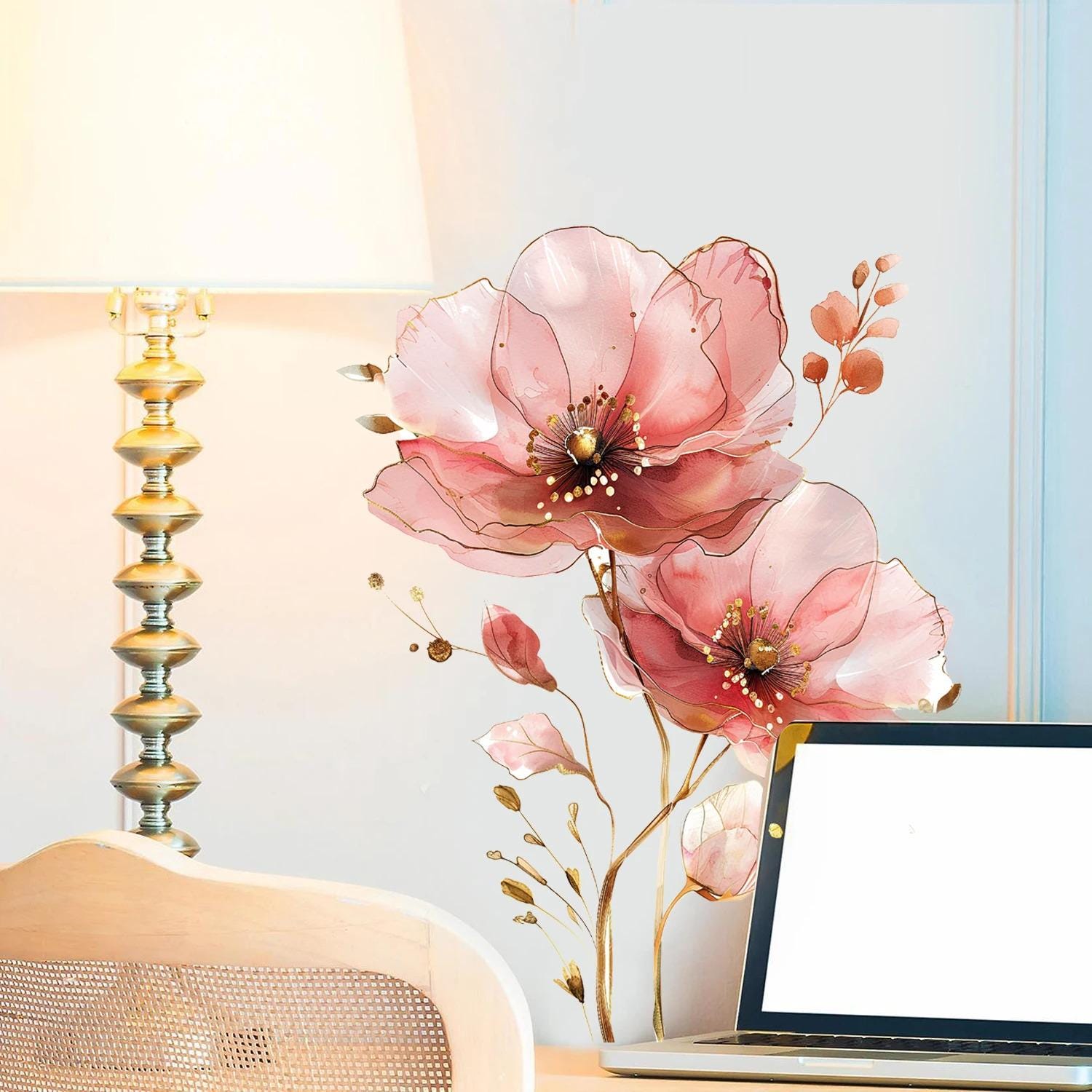 Elegant Pink Watercolor Flower Wall Sticker With Gold Line – PVC Floral ...