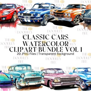 classic car watercolor clipart bundle, commercial use, digital download, instant download, digital planner, Sublimation, Home décor
