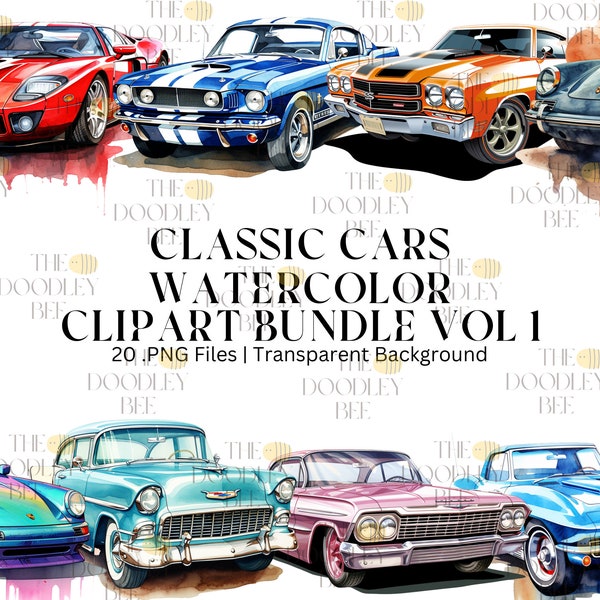 classic car watercolor clipart bundle, commercial use, digital download, instant download, digital planner, Sublimation, Home décor