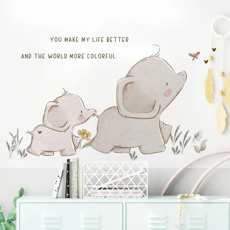 Cute Cartoon Baby Elephant & Butterflies Wall Decal – Removable Nursery ...