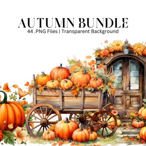 Watercolor Autumn Clipart, 44 PNG Watercolor Autumn illustration, Autumn Leaves, pumpkins, Autumn time, pumpkin wagons Commercial use, print