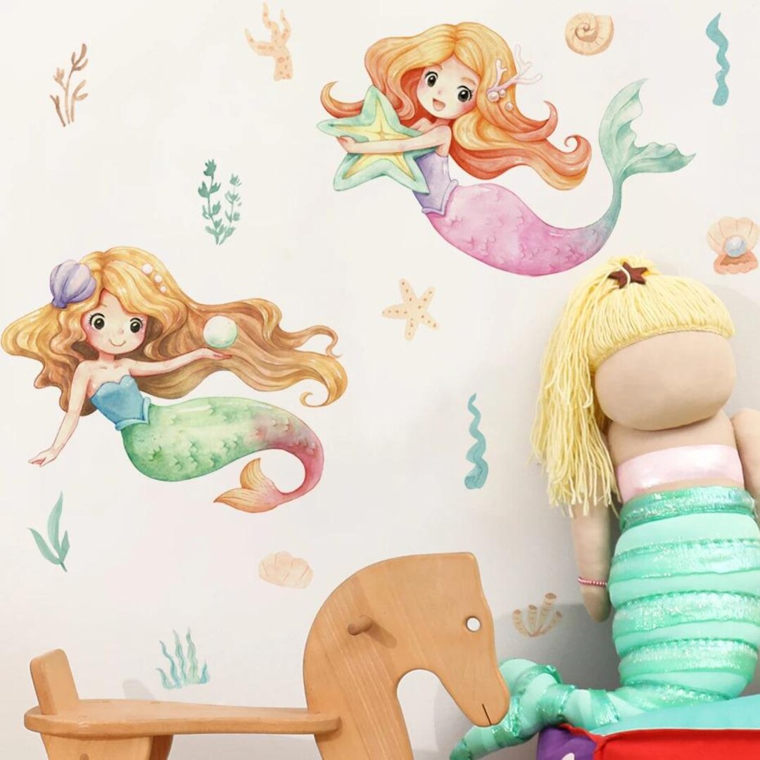 Watercolor Mermaid Princess Wall Stickers Ocean Theme Removable Nursery ...