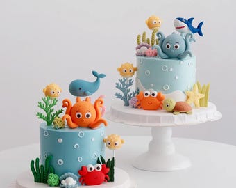 Ocean Theme Cake Topper Set with Octopus, Shark, Whale & Crab, Under the Sea Birthday Cake Decorations, Baby Shower Party Supplies
