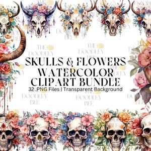 Watercolor Boho Cow Skull 32 Png Clipart Set Beautiful Floral Longhorn Bull Skull PNG Digital Illustration Downloadable Paper Crafting Arts