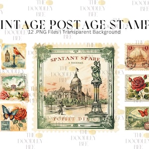 Aquarel Vintage postzegels 12 clipart bundel, digitale download, digitale planner, instant download, aquarel clipart, commercieel gebruik