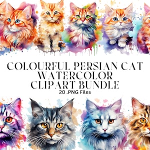 20 デジタルダウンロード カラフルなペルシャ猫の水彩画クリップアート PNG バンドル、商用利用、透明、デジタルプランナー、昇華、装飾