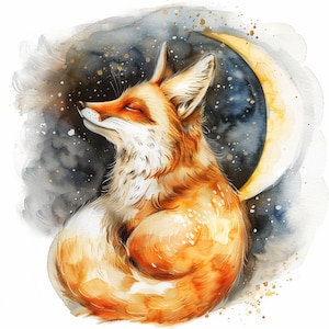 12 Clipart di volpe e luna ad acquerello, PNG di alta qualità, Clipart di volpe carina, Asilo nido, Creazione di biglietti, Diario, Download digitale, Volpe, Immagine di volpe