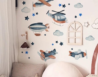 Cartoon Airplane & Cloud Wall Stickers – Peel Stick Aircraft Decals for Kids Bedroom, Nursery Playroom Wall Decor Kids Nursery Wall Art