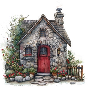 Acquerello Stone Cottage Clipart, 12 PNG di alta qualità, Arte dell'acquerello, Download digitale, Creazione di cartoline, Supporti misti, Mestiere con carta digitale