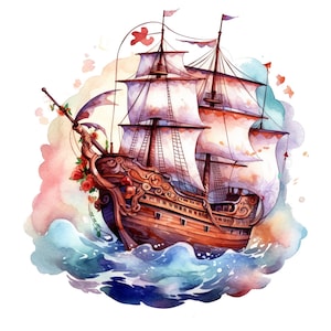 20 Dreamy pirate ship watercolor clipart bundle, commercial use, digital download, transparent, digital planner, Sublimation, Home décor