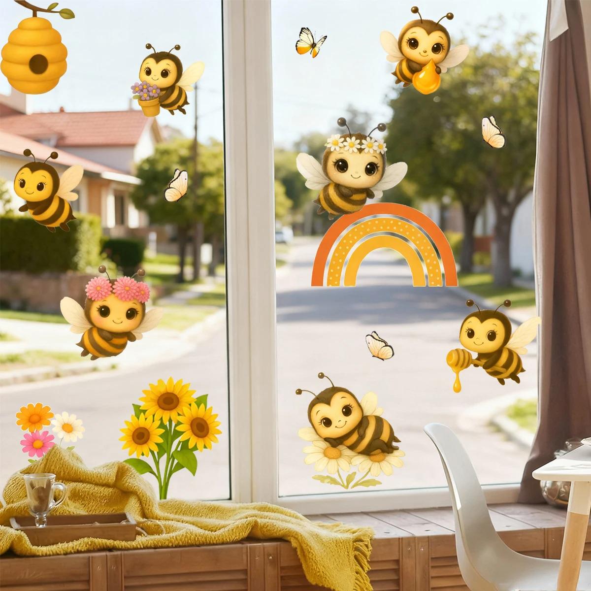 Cute Cartoon Bee & Rainbow Window Clings – Static-cling Flower PVC ...