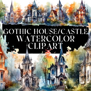 24 Pacote de clipart em aquarela de castelo/casa gótica para uso comercial - download instantâneo - uso em pequenas empresas