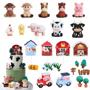 May include: A collection of farm animal and barnyard-themed cake toppers. The toppers include cows, horses, pigs, sheep, chickens, and ducks. There are also miniature barns, hay bales, and a train. The colors are bright and cheerful, perfect for a child's birthday cake.