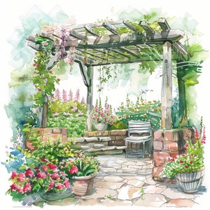 Aquarel Gardenscape ClipArt - 12 hoogwaardige PNG's, aquarelkunst, digitale download, kaart maken, gemengde media, digitale papierambachten
