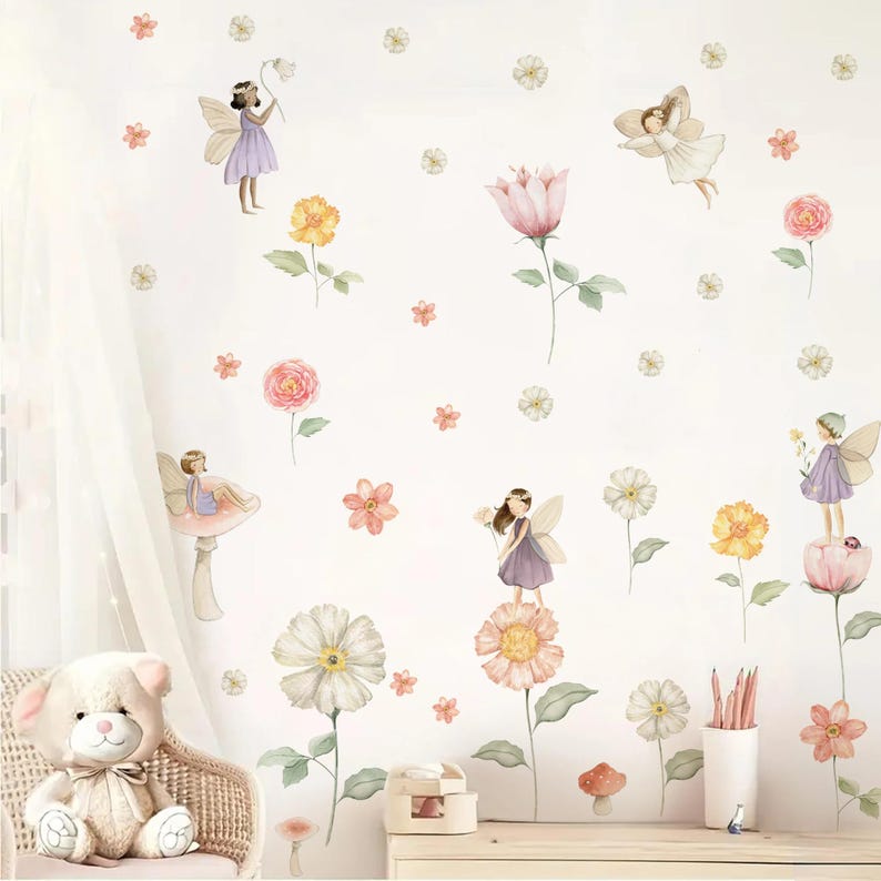 Boho Fairy Garden Wall Sticker – Watercolor Flower Fairies Vinyl Decal ...