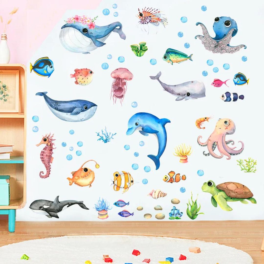 Cartoon Ocean Wall Decals Marine Life Stickers for Kids Room & Bathroom ...