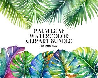 48 Palm leaf watercolor clipart PNG bundle , commercial use, digital download, instant , digital planner, Sublimation, Home décor, print