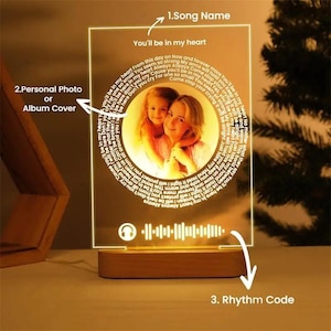 Personalized Acrylic Music Photo Plaque with LED Night Light – Custom Photo Frame for Couples and Mother’s Day Gift, Best Friend Gifts