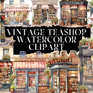 Vintage teashop-etalage 20 aquarel clipartbundel voor commercieel gebruik - klein zakelijk gebruik, vintage, etalage, teashop, clipart