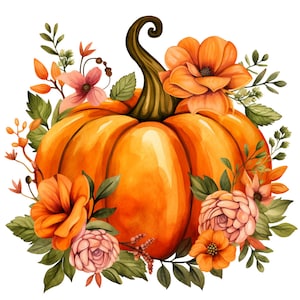 Pumpkin Bouquets Watercolor Clipart, 10 Fall Clipart Digital Download, Bohemian Autumn Sublimation Design, Thanksgiving Floral Pumpkin PNG