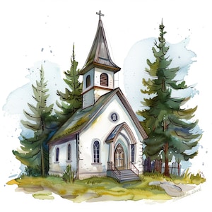 12 Watercolor Tiny Church Clipart, High Quality PNGs, Nursery Art, Digital Download, Card Making, Church Clipart, Digital Paper Craft