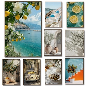 PRINTED high quality Mediterranean Fruit Tree Landscape Wall Art – Lemon Orange Olive Canvas Print, Retro Poster for Kitchen or Living Room
