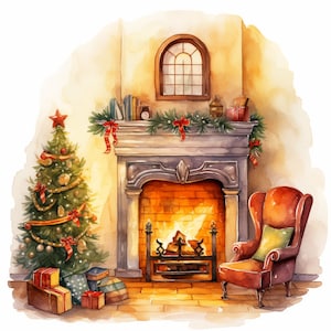 Accogliente stanza di Natale, 12 PNG di alta qualità, Download digitale, Uso commerciale, Creazione di biglietti, Mestiere di carta digitale, Clipart del caminetto, Stampa