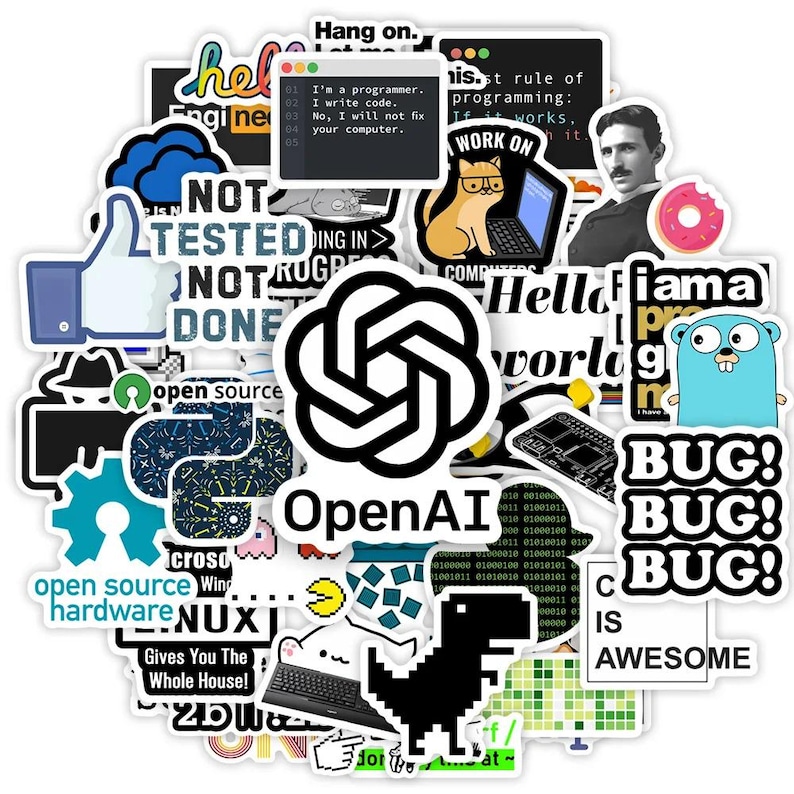 Op de afbeelding: Een verzameling kleurrijke stickers met tech- en programmeerthema's. Ontwerpen omvatten het OpenAI-logo, een kat met een bril op een laptop, een gepixeld dinosaurus en de tekst "BUG!" en "Hello world".