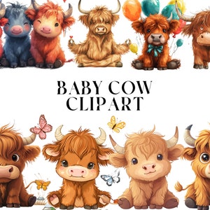 Cute Baby Cow Watercolor Clipart, Digital Download Nursery Wall Art, Baby Shower Décor, Farm Clipart, PNG File, Cute Cow PNG Clipart Doodley