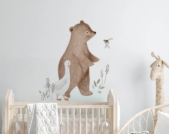 Cartoon Bear, Duck & Bee Watercolor Wall Stickers – Nursery Animal Decals for Baby Kids Room Decor