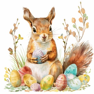Écureuil de Pâques aquarelle 12 graphiques png, paquet de cliparts png de Pâques, graphiques d'animaux de la forêt, conceptions de printemps vibes png, usage commercial
