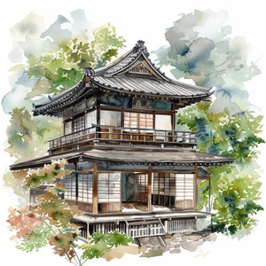 Clipart acquerello casa giapponese, 12 PNG di alta qualità, arte dell'acquerello, download digitale, creazione di cartoline, supporti misti, artigianato con carta digitale