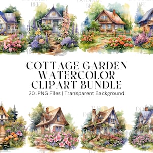 20 Watercolor Cottage Garden with Bench PNG Formats, Feminine Floral, Cottagecore, Shabby Vintage, Scrapbooking, Card Making