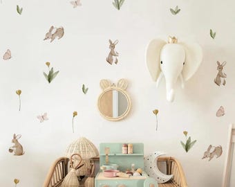 Wandtattoos mit Aquarellhasen | Florale Wandsticker fürs Kinderzimmer | Abnehmbare und aufklebbare Hasen-Wanddeko fürs Kinderzimmer | Babyzimmer-Deko